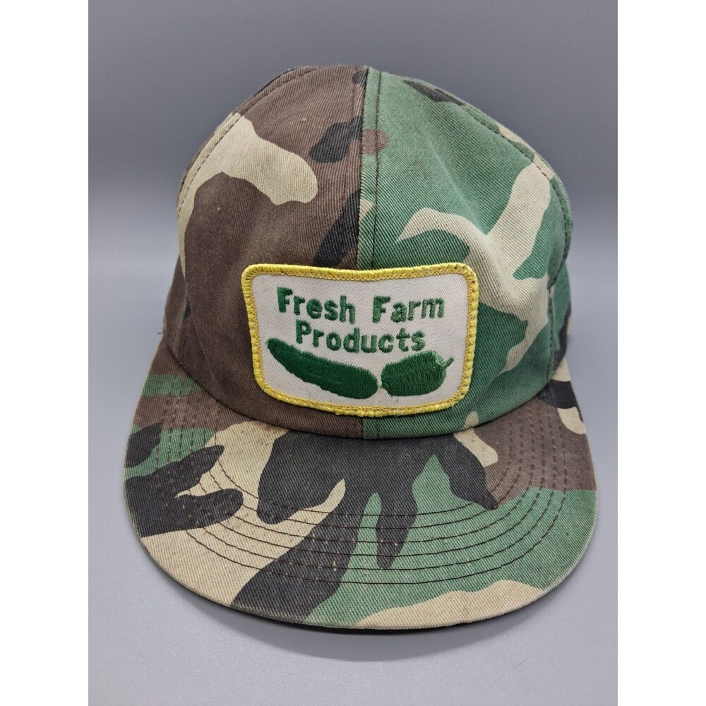 Vtg K Products Camo Snapback Hat Fresh Farm Products Patch Trucker Cap USA Made